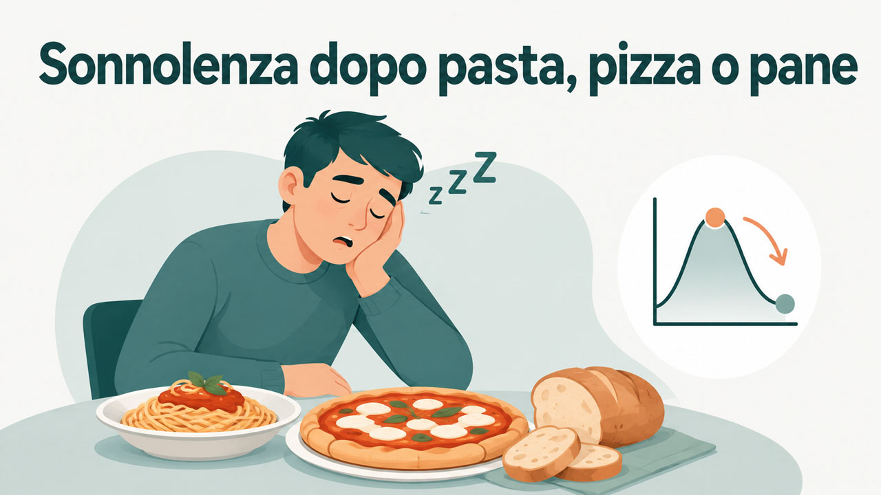 Persona illustrata assonnata dopo un pasto con pasta, pizza e pane