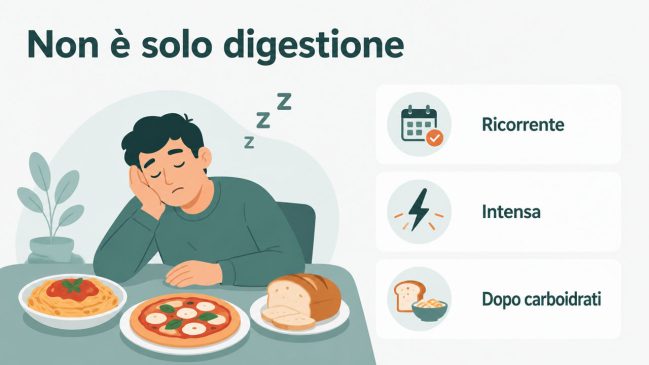 Persona illustrata assonnata davanti a pasta, pizza e pane con tre schede su ricorrenza, intensità e carboidrati