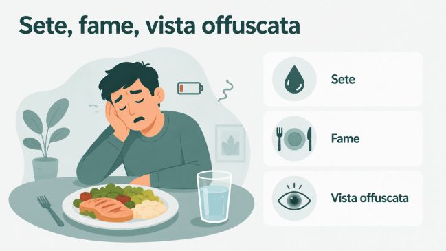 Persona illustrata stanca dopo il pasto con bicchiere d’acqua e schede su sete, fame e vista offuscata