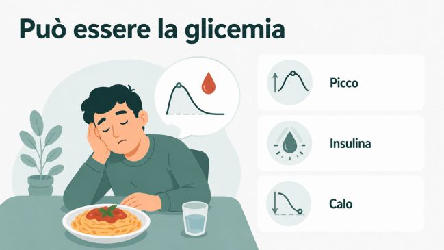 Persona illustrata assonnata dopo un piatto di pasta con curva glicemica e schede su picco, insulina e calo