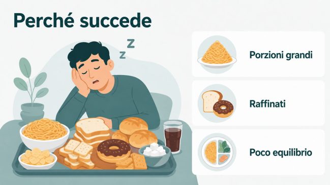 Persona illustrata assonnata davanti a molti carboidrati raffinati con schede su porzioni grandi, raffinati e poco equilibrio
