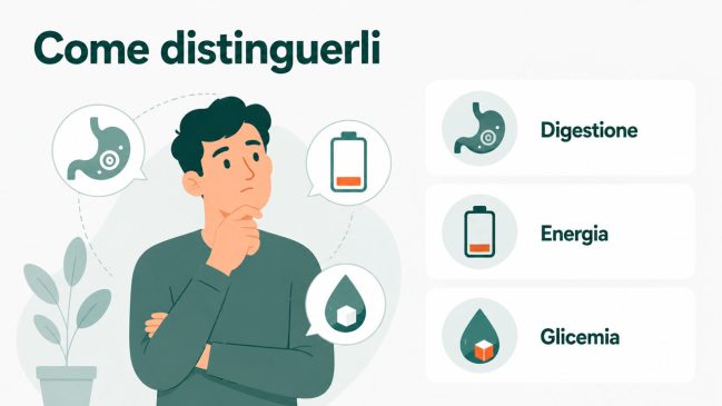 Persona illustrata pensierosa con icone di stomaco, batteria scarica e goccia di glicemia