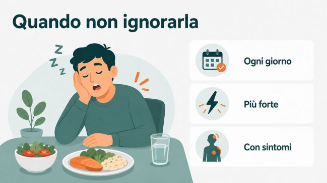 Persona illustrata molto stanca a tavola con schede su frequenza quotidiana, intensità e sintomi