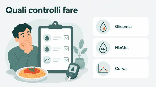Persona illustrata accanto a checklist medica, glucometro e piatto di pasta