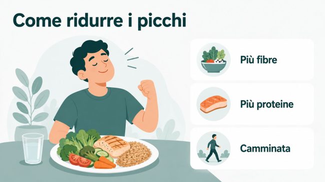 Persona illustrata energica davanti a un piatto bilanciato con schede su fibre, proteine e camminata