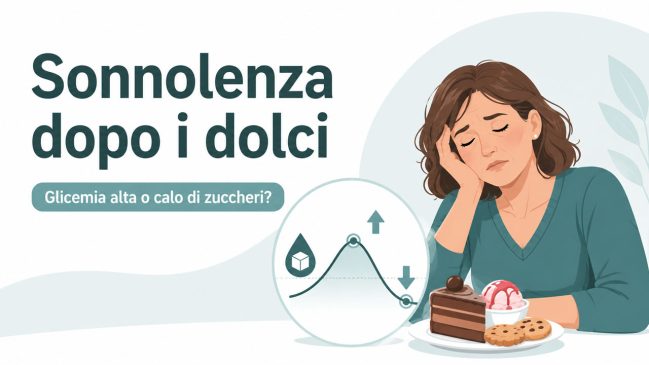 Donna illustrata assonnata dopo aver mangiato dolci, con torta, gelato e grafico su glicemia alta o calo di zuccheri