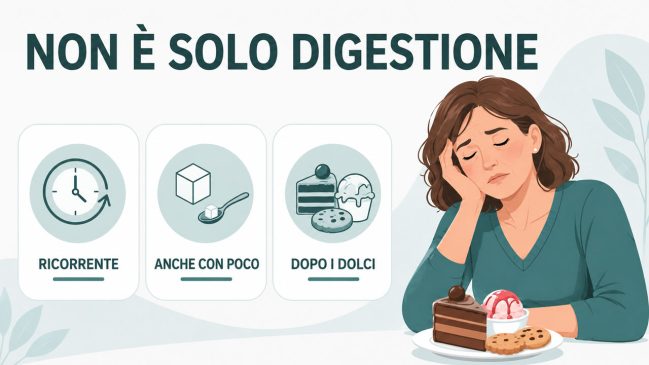 Donna illustrata assonnata davanti a torta, gelato e biscotti con tre schede su ricorrenza, piccole quantità e dolci