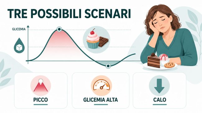 Curva glicemica dopo i dolci con donna assonnata e tre schede su picco, glicemia alta e calo