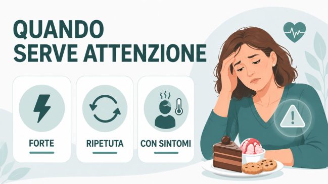 Donna illustrata preoccupata davanti a dolci con simbolo di allarme e schede su intensità, ripetizione e sintomi