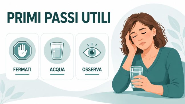 Donna illustrata stanca con bicchiere d’acqua e tre schede su fermarsi, bere acqua e osservare
