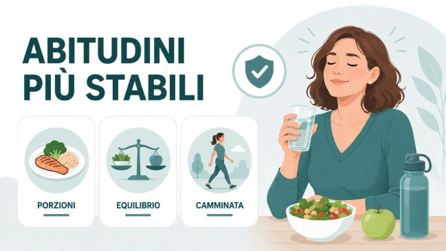 Donna illustrata serena con bicchiere d’acqua, insalata, mela e schede su porzioni, equilibrio e camminata