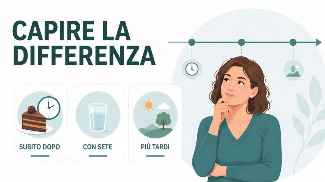 Donna illustrata pensierosa accanto a una linea temporale e tre schede su subito dopo, sete e comparsa più tardiva