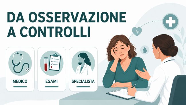 Donna illustrata durante una visita medica con dottoressa, stetoscopio, provetta e schede su medico, esami e specialista