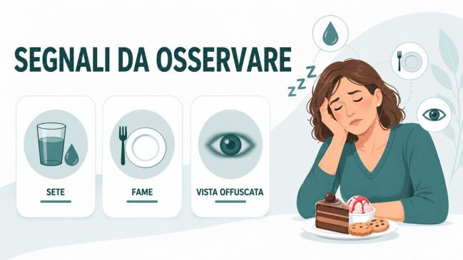 Donna illustrata assonnata davanti ai dolci con tre schede su sete, fame e vista offuscata