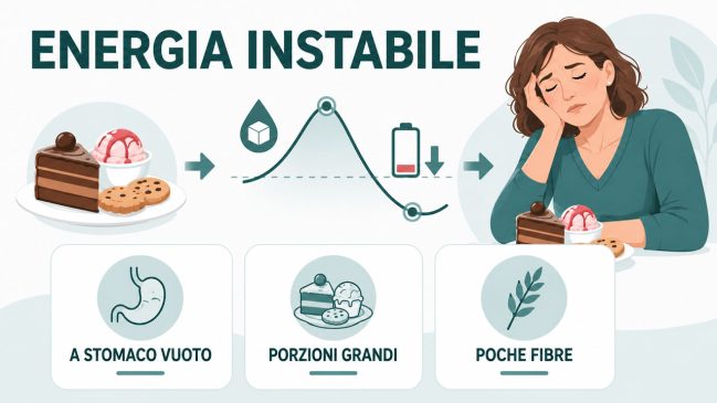 Dolci, curva della glicemia e donna illustrata stanca con schede su stomaco vuoto, porzioni grandi e poche fibre
